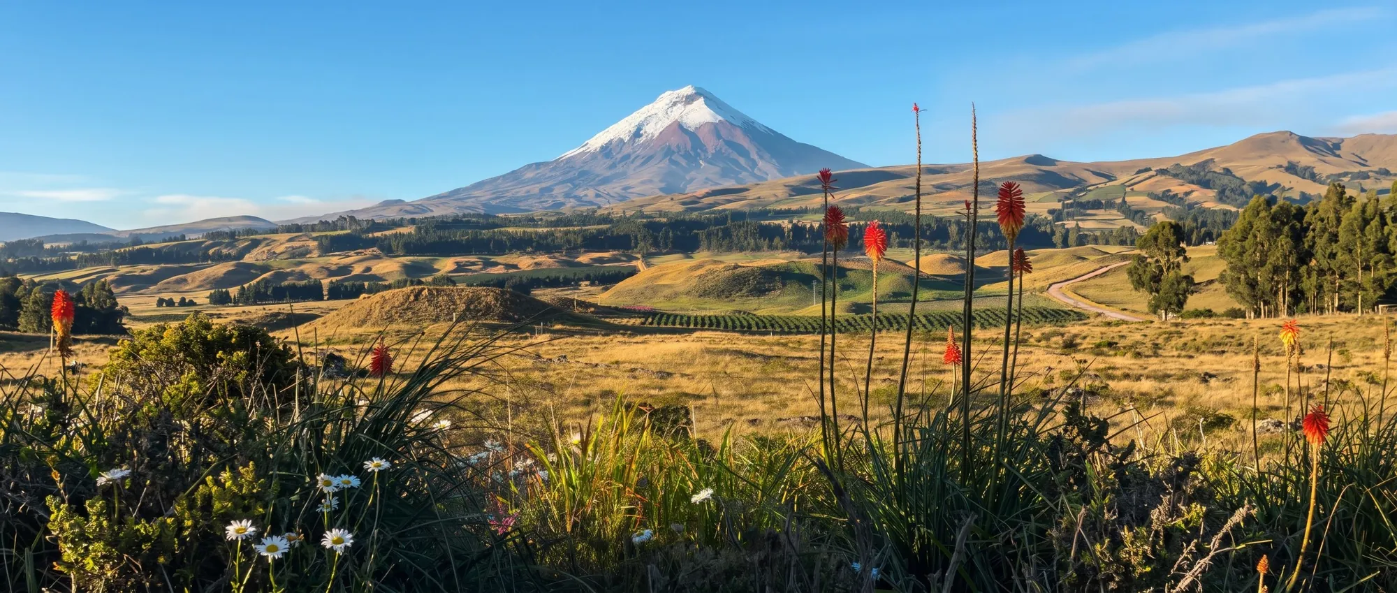 Cotopaxi volcano above Andean fields and crops